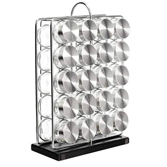 Amazon Basics 20 Jars Spice Rack Organizer, Space-Saving Kitchen Organizer with Glass Spice Jars, Sturdy, Silver