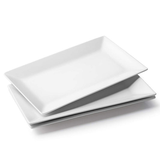 DOWAN 14" Serving Trays, Serving Platters, Ceramic Serving Platters and Trays, Rectangle Plates, Set of 3, for Weddings, Parties, Oven, Microwave, Dishwasher, Heat Resistant, Easy to Clean, White