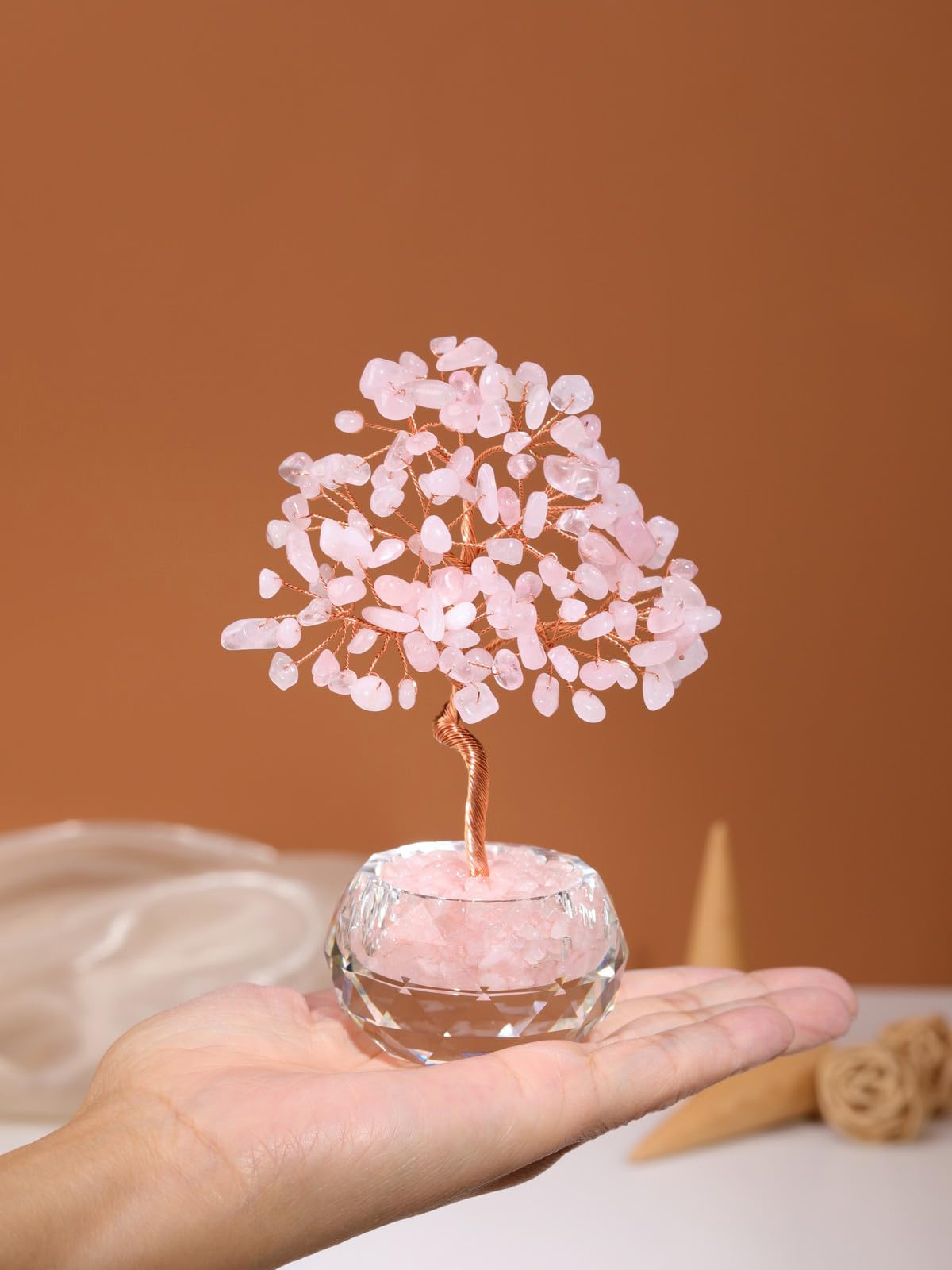 Jovivi Large Rose Quartz Crystals Tree, 5.51"-5.91" Natural Crystal Healing Stones Tree Glass Bowl Base Gemstone Money Trees Feng Shui Good Luck Home Desk Decor