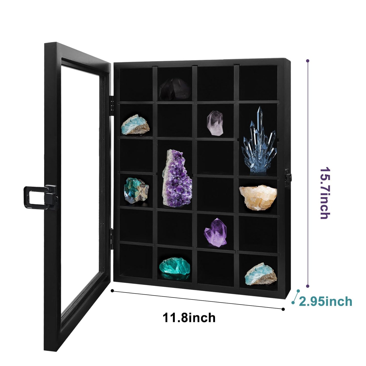 Adjustable Rock Display Case with Acrylic Doors, Wall-Mountable Cabinet with Removable Shelves for Small and Large Rocks, Showcase for Rock and Mineral Collectors