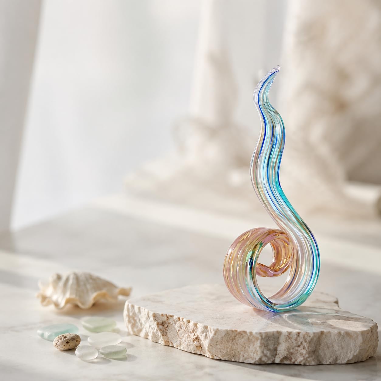 WUBIANJIE Glass Sculptures Home Decor, Hand Blown Art Glass Statue, Abstract Wave Flame Figurine for Living Room Shelf Tabletop Entryway Decorative Indoor Accent
