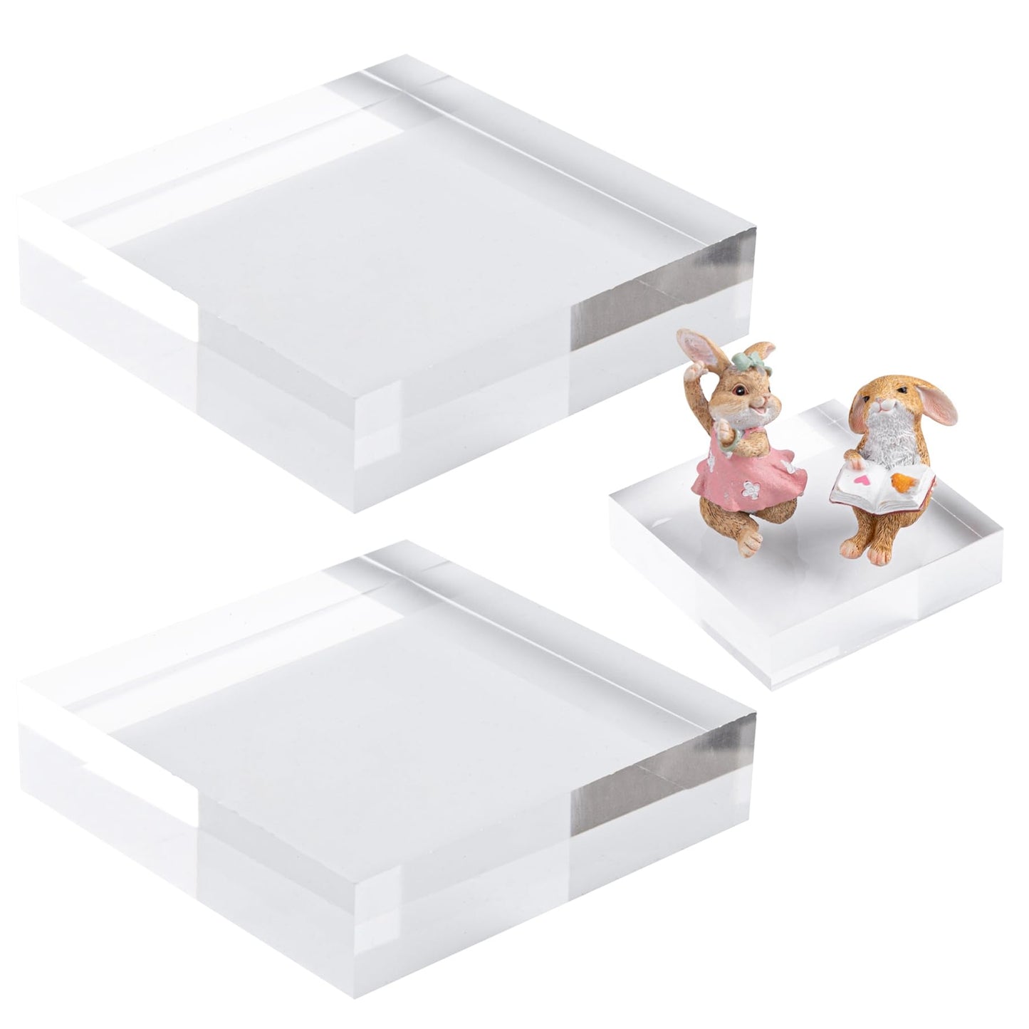 Framendino, 2 Pack Acrylic Square Display Block Clear Polished Cube Jewelry Ring Showcase Display Holder Base Stands 4 x 4 x 1 Inch