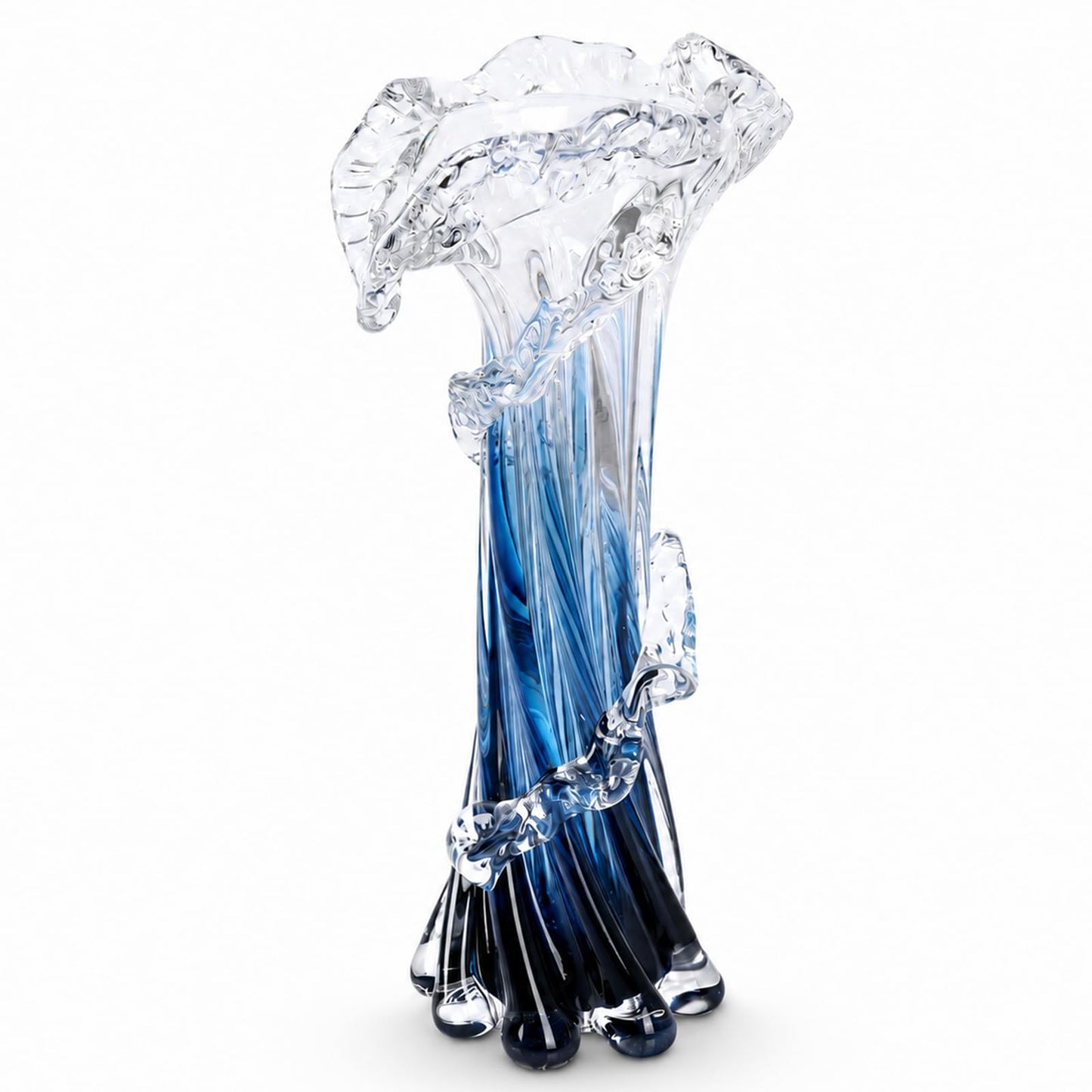 12" H Blue Blown Glass Vase, Modern Art Hand Blown Coastal Vase,Beautiful Unique Ocean Wave Centerpieces for Living Room, Bedroom, Office Desktop,Coffee Table and Wedding Decorative (L)