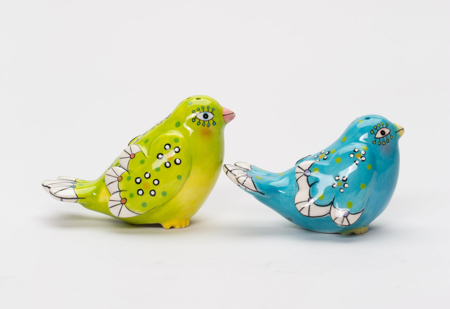 Fine Ceramic Flight of Fancy Hand Painted Blue and Green Love Birds Salt & Pepper Shakers Set, 3-3/8" L