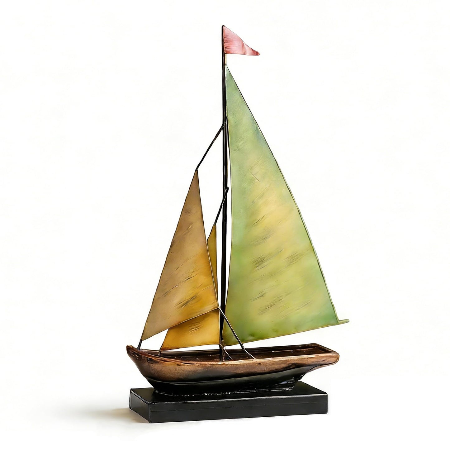 Octdays Metal Sailboat Sculpture, Modern Iron Boat Statue Home Decor for Living Room Bedroom Office Entryway Fireplace, Handmade Nautical Art Ornament (Yellow and Green Sailboat)