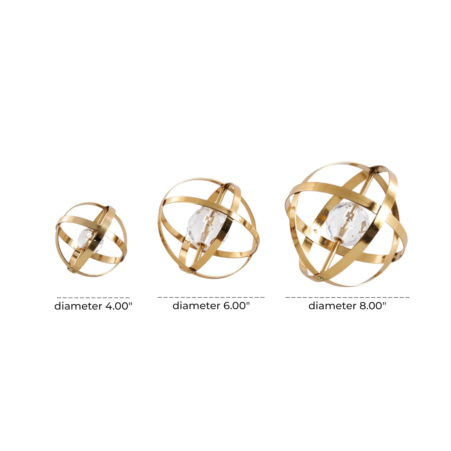 Deco 79 Metal Geometric Decorative Sculpture Orb Home Decor Statues with Acrylic Center, Set of 3 Accent Figurines 8", 6", 4"D, Gold