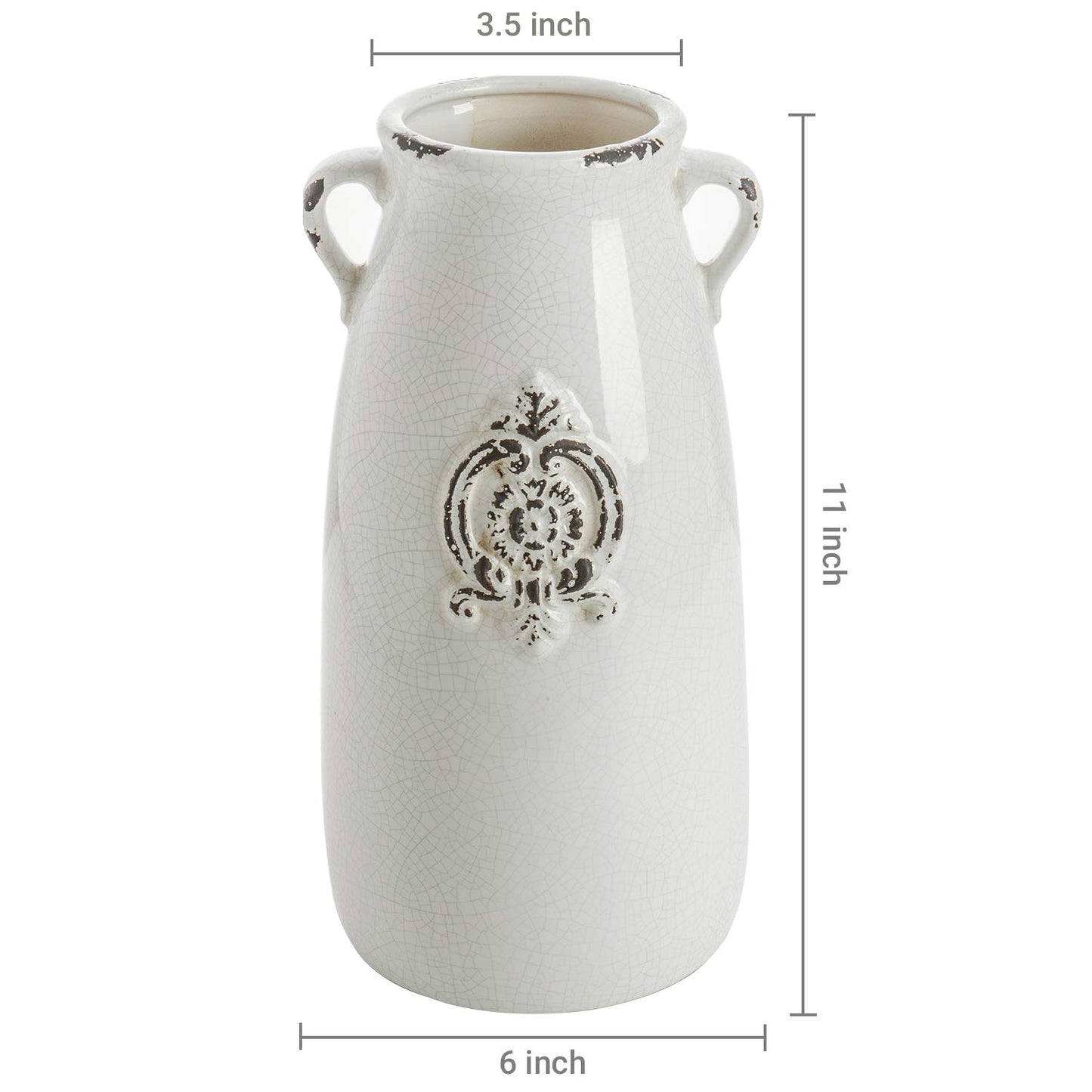MyGift Farmhouse White Ceramic Vase with Handle and Embossed Seal Design, Antique Jug Shaped Tabletop Flower Vase