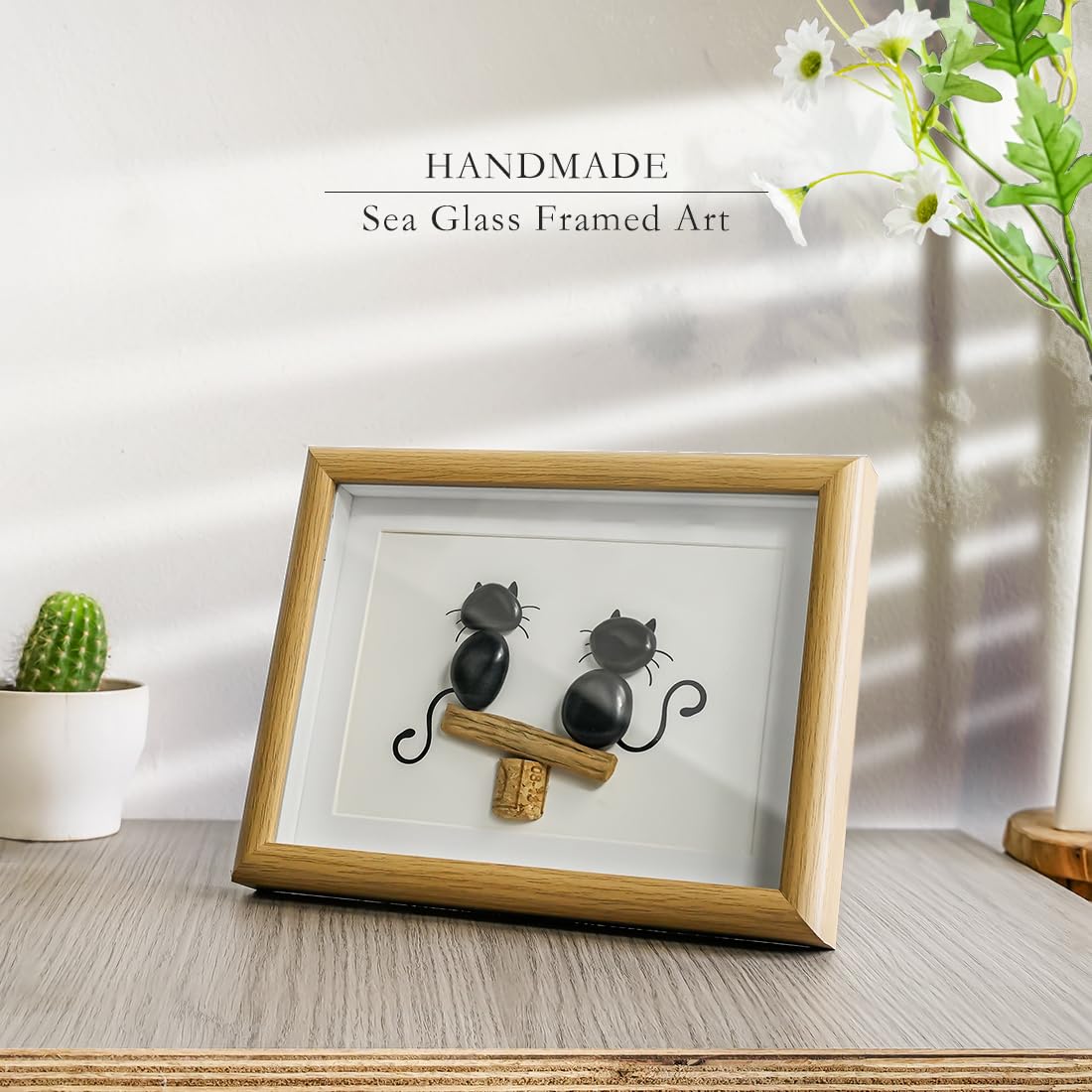 Litepedia Cat Lovers Gifts Pebbles Framed Wall Art Decor,Cat Themed Gift for Women,Pebble Art Wodden Framed Art,Cats Decor for Friends, Mom, Lovers, Birthday, Housewarming Gift