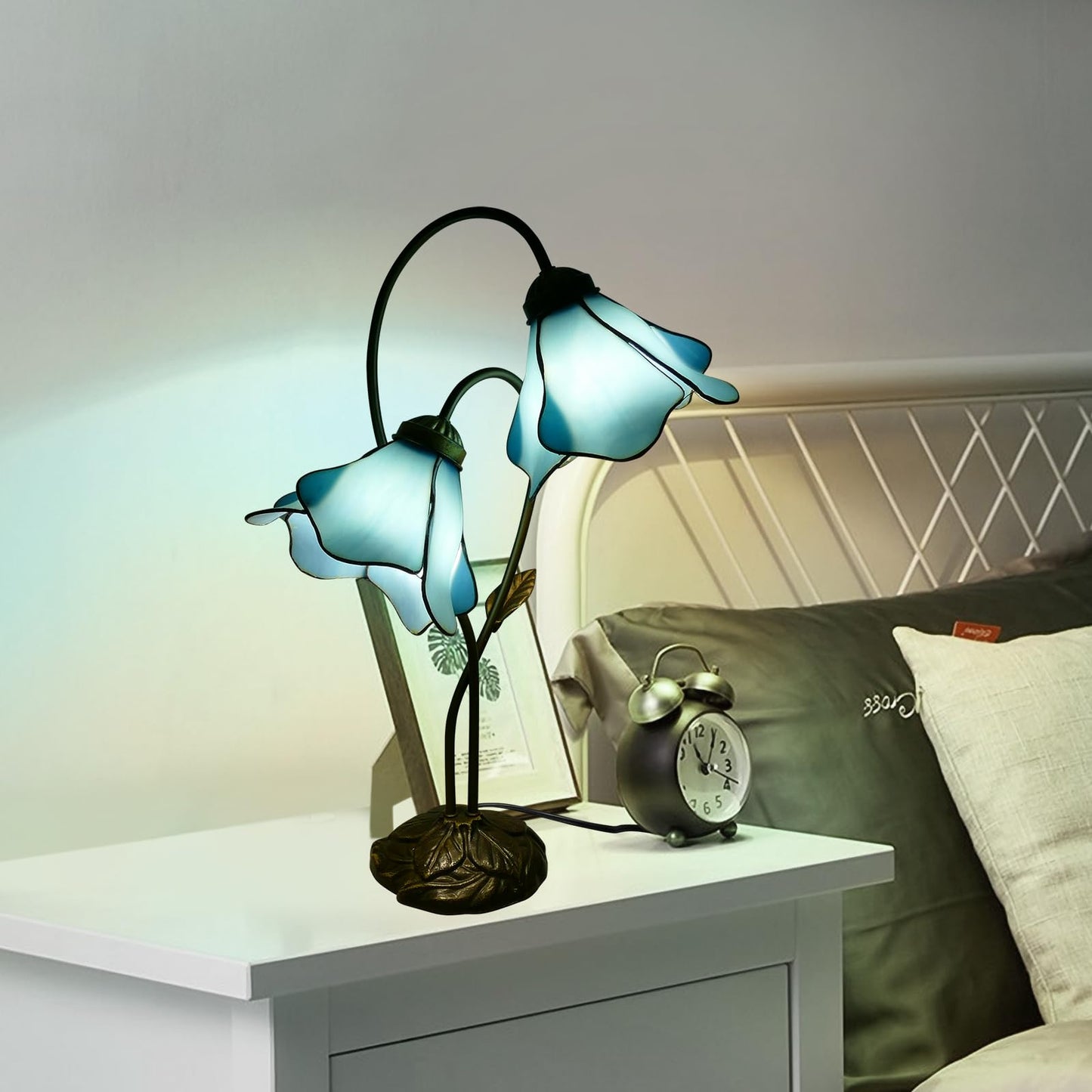 VirtueKing Blue Lotus Stained Glass Lamps Double Headed Desk Lamp 2-Light Tiffany Table Lamp 8" Wide 24" Tall Tiffany Style Table Lamp LED Bulb Included