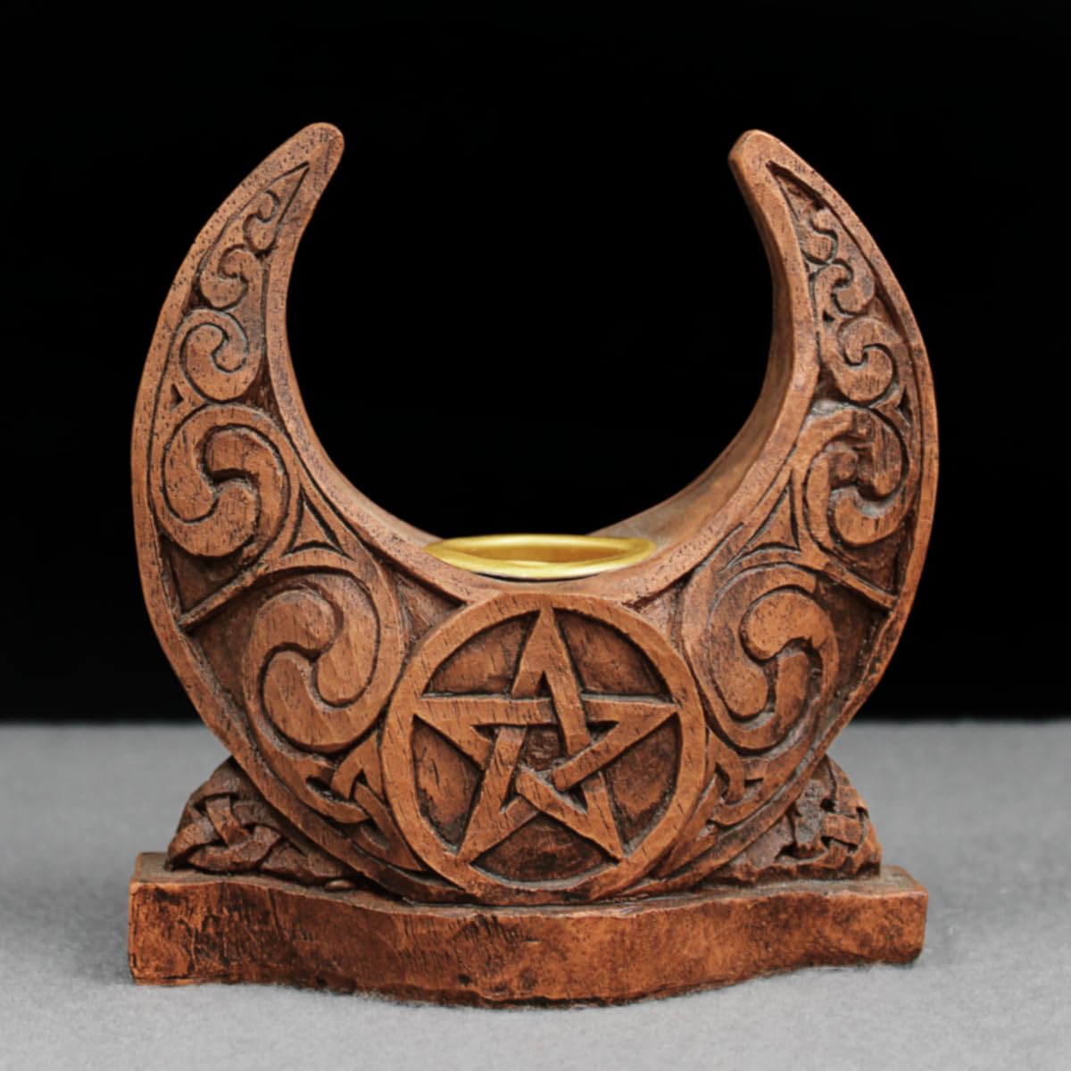 Crescent Moon Candle Holder Pentacle Wiccan Pagan Home Decor - Wood Finish