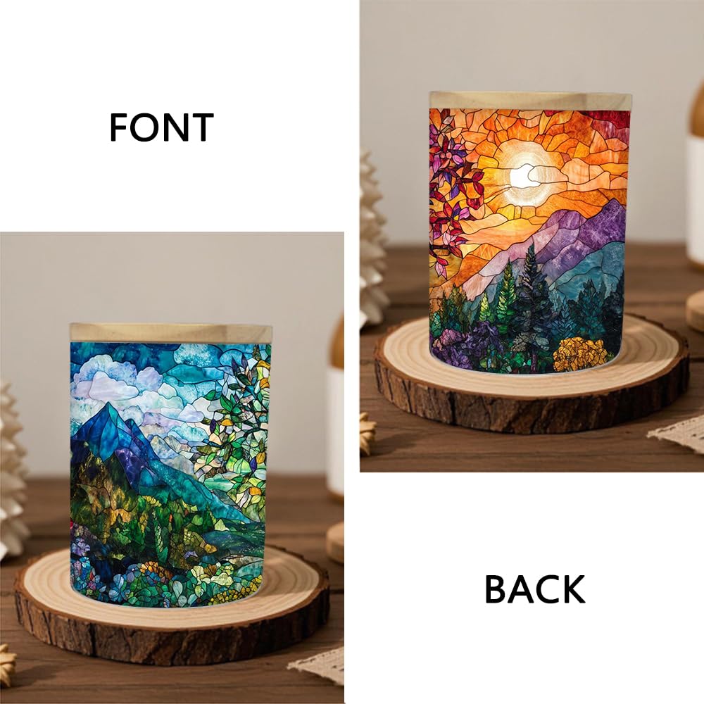 Stained Glass Tree of Life Tea Light Candle Holder with Bamboo Lid, Tree of Life Decorations Light Glass Tealight Holder, LED Candle Tealight Jar for Birthday,Wedding,Home Decor