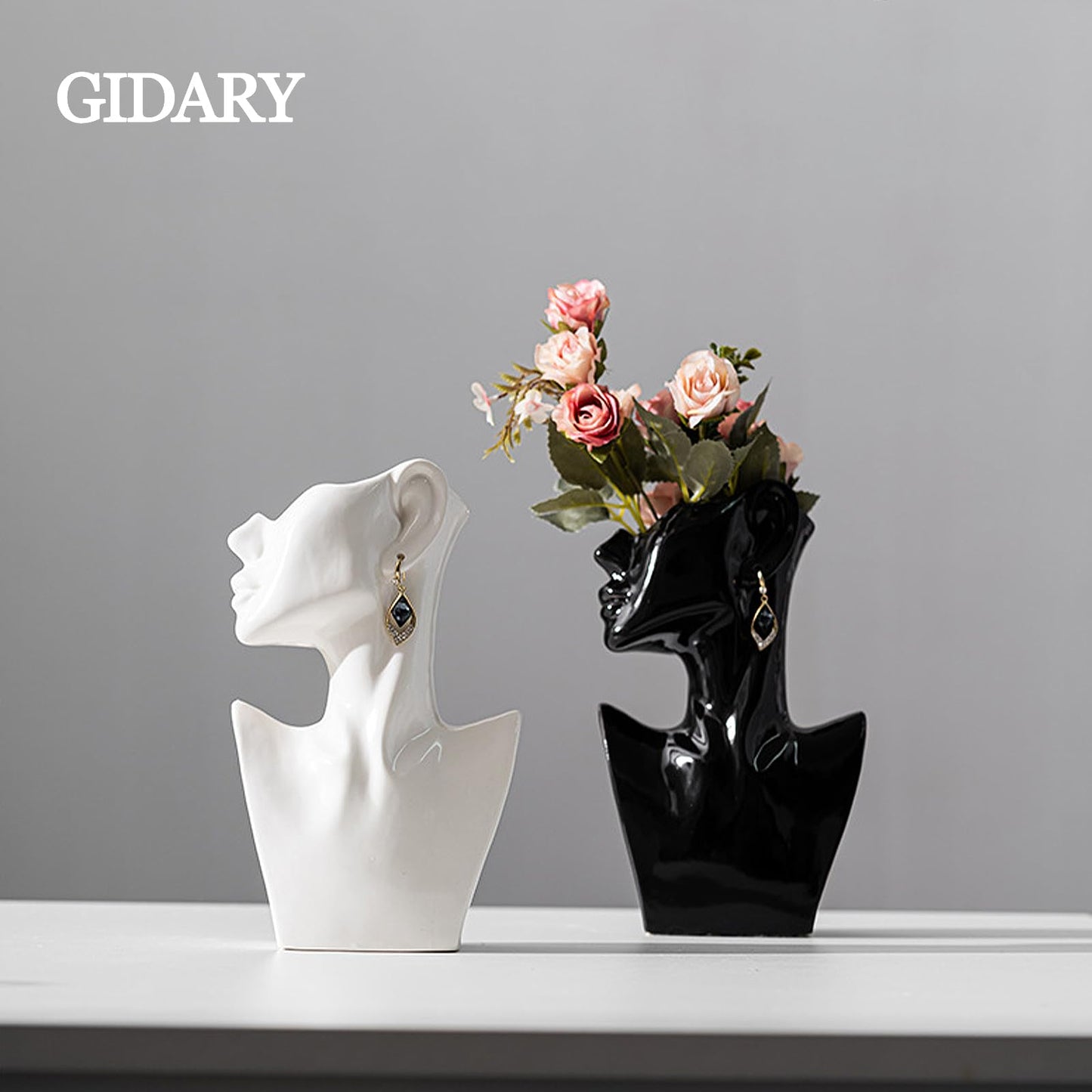 GIDARY Face Vases -White,H 9.2 Inch,with Earrings Art Ceramic vase,for Flowers Ceramics Statue Flower Vase,Female Modern Cool Vases,for Office Dining Table Home Ornaments