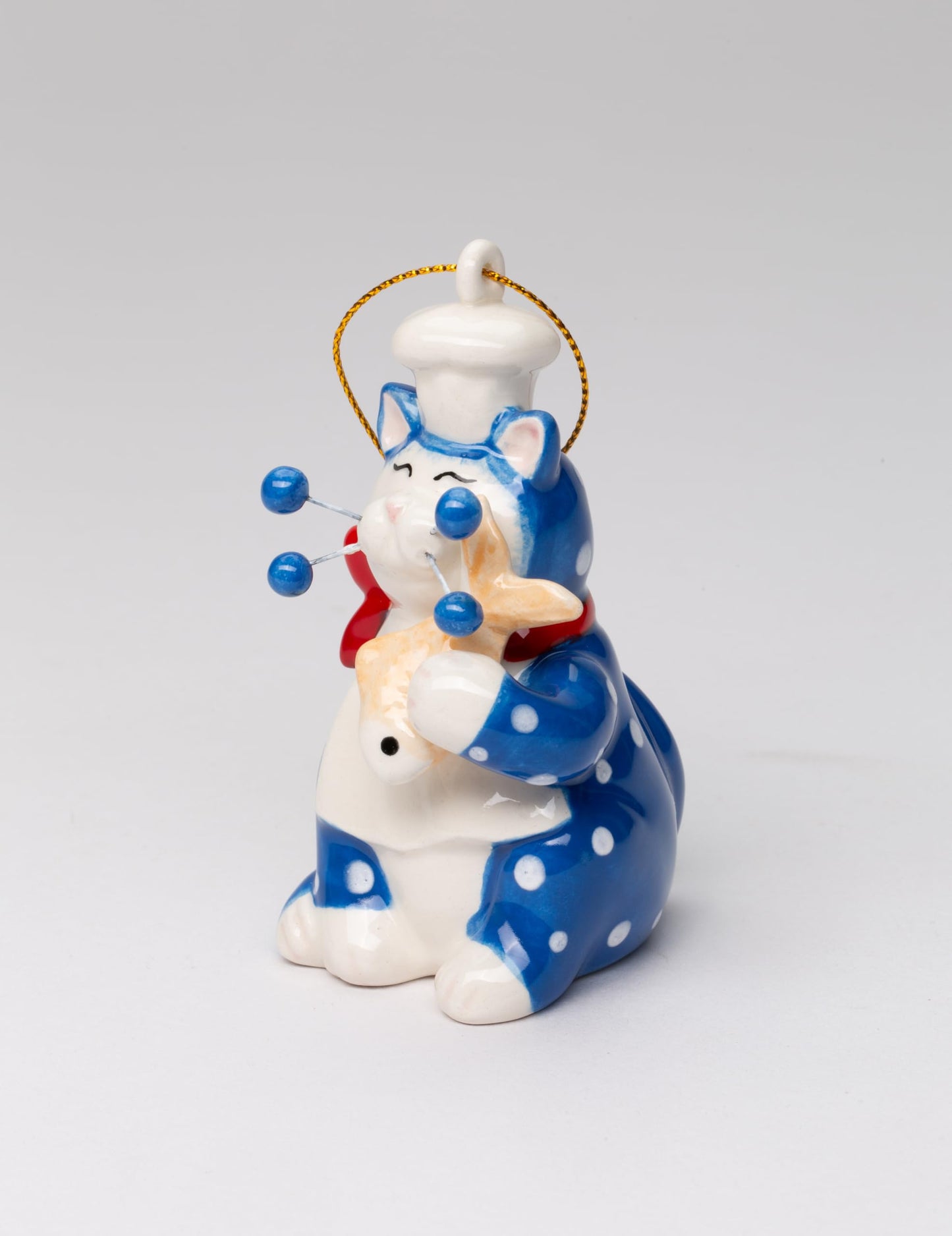 Fine Ceramic Whisker Cat Collection - Blue Chef Cat Holding Fish Figurine Ornament by Amy Lacombe, 3-1/2" H