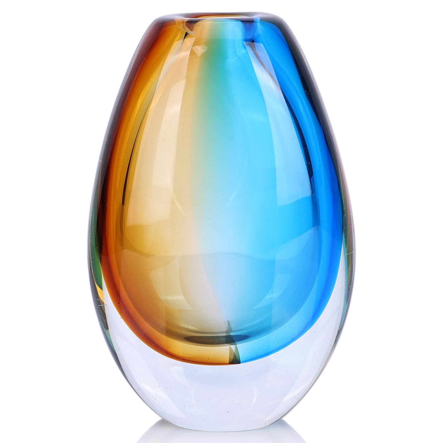 Hand Blown Art Glass Vase, Murano Inspired vase, Amber Blue Decorative Accent with Oval Silhouette for Dining Table, Entryway, Shelf or Mantel Display