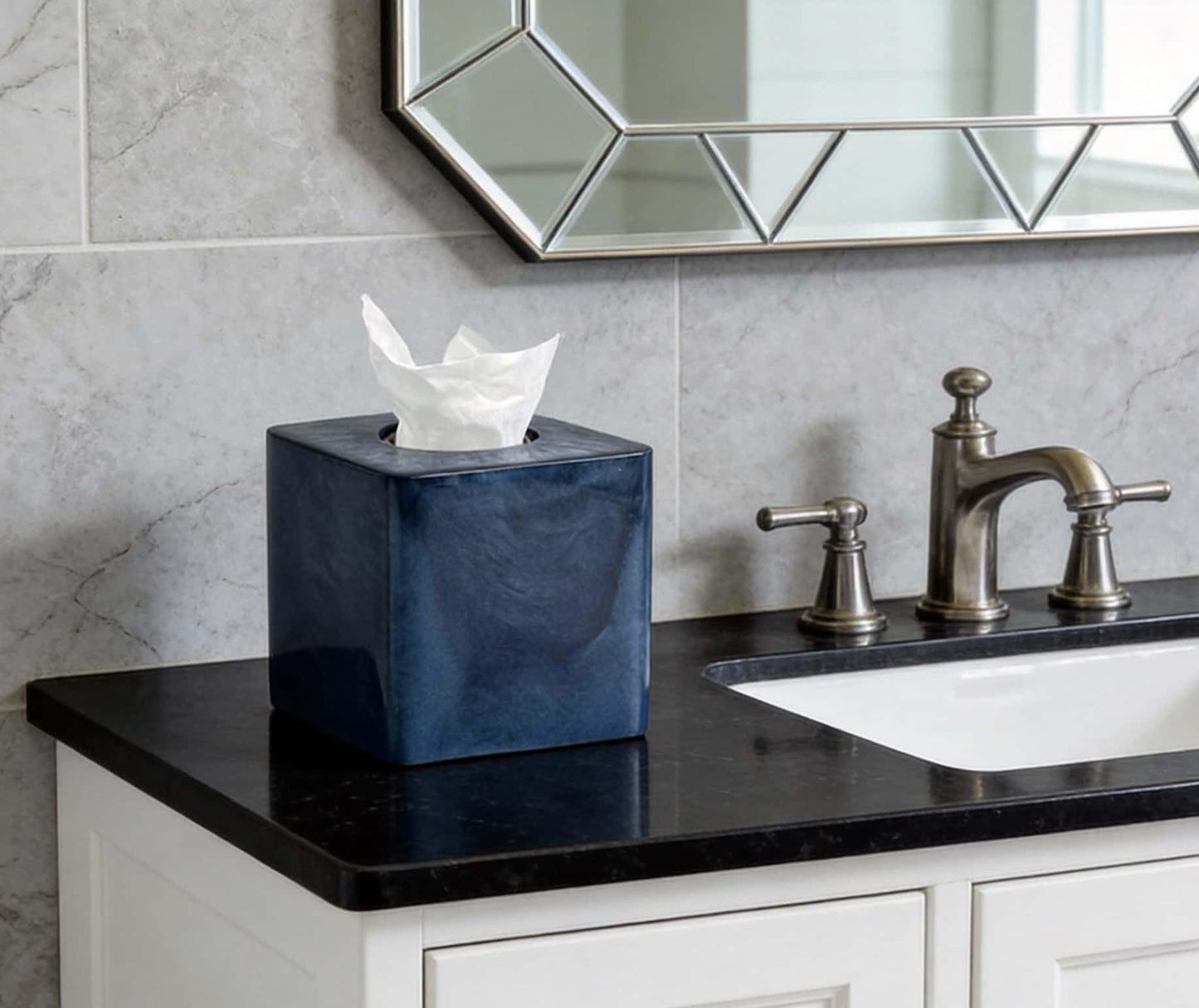 Navy Blue Pearl Swirl Square Tissue Box Cover Holder with Open Bottom.Modern Resin Tissue Box Cube Dresser Accessories for Bathroom Livingroom Kitchen Office,Home Decor Gifts