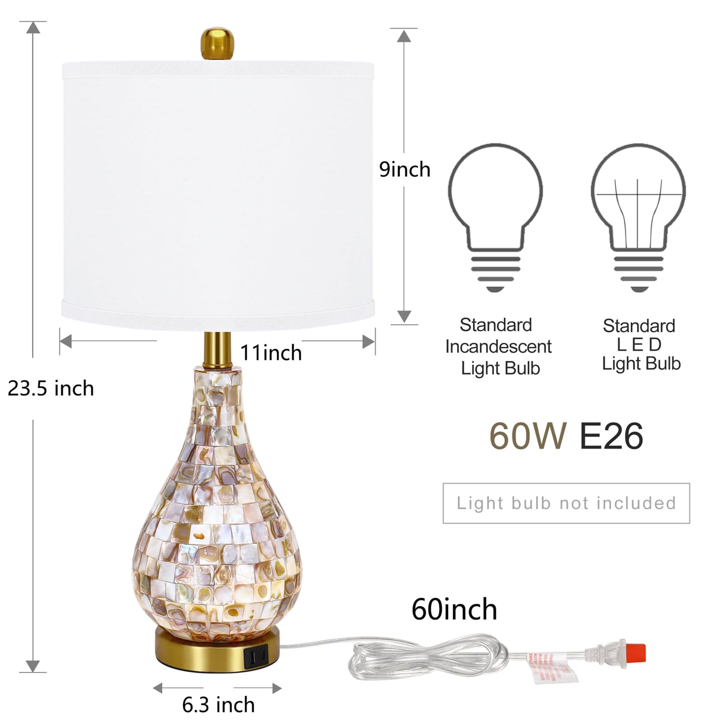 TPAMSWO Modern Coastal Table Lamps Set of 2, Natural Mother of Pearl Tiles 23.5" Bedside Lamp, for Bedroom Living Room Home Nightstand Table Lamp(with USB C+A 5V 2.1A Charging Ports)