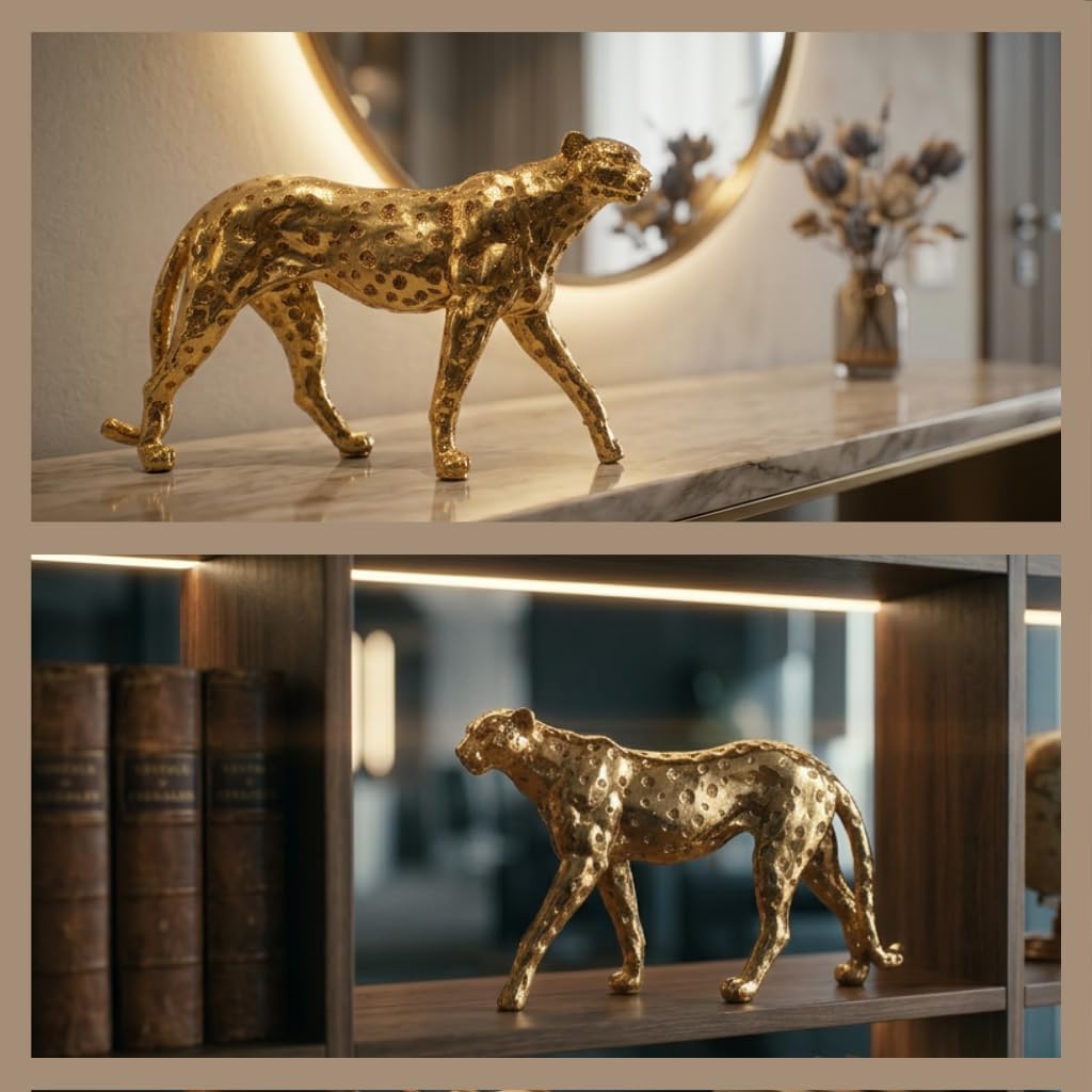 Zhao Xiang Cheetah Statue Gold Home Decor Walking Leopard Figurines