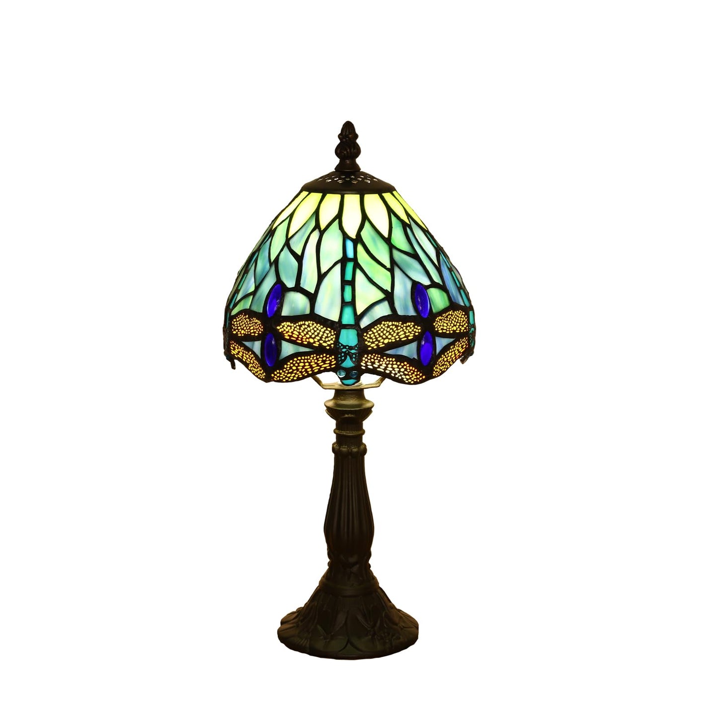KALOUFUL Small Tiffany Lamp 3 Color Temperature Blue Dragonfly Stained Glass Table Lamps 7X7X14 Inch Bedside Nightstand Night Light Desk Office Light for Living Room Bedroom W/LED E12 Bulb