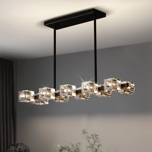 OKES Dining Room Light Fixture,Modern Crystal Chandeleirs Semi Flush Mount Ceiling Light Fixture,Black Metal Crystal Pendant Light for Kitchen Island Farmhouse Dining Room,Living Room (10-Lights)