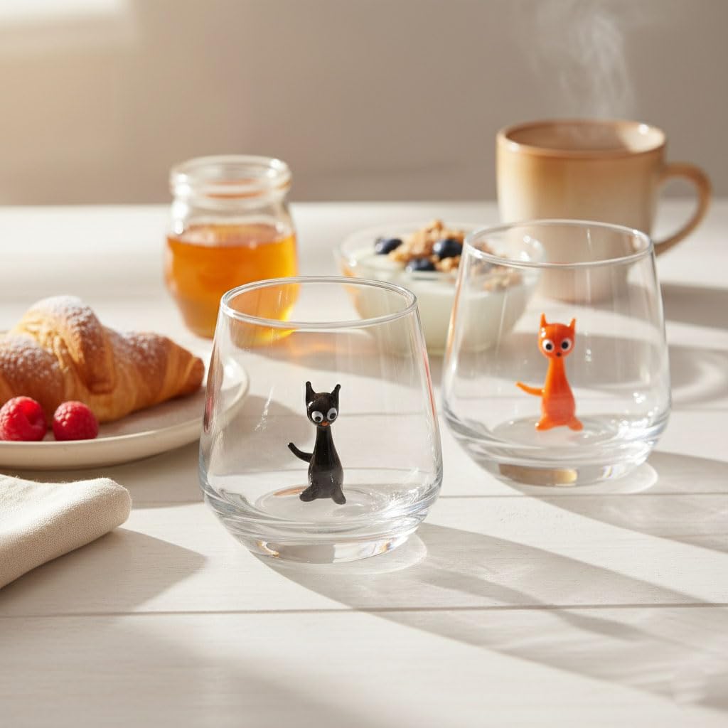 HeguSun 3D Drinking Glass Cup with Handmade Glass Cat Figurines Inside, Stemless Glass for Water,Wine,Milk,Beverages, Easter, Christmas, Birthday Gift (Cats)