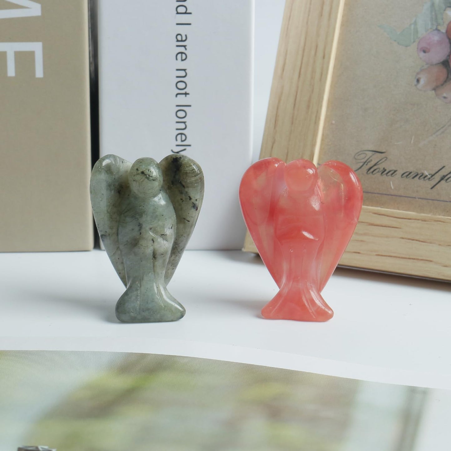 Loveliome Mini Crystal Angel, 2 Pcs Pocket Carved Gemstone Guardian Figurines Healing Statue Home Decor 1.5 inch, Cherry Quartz+Moonstones