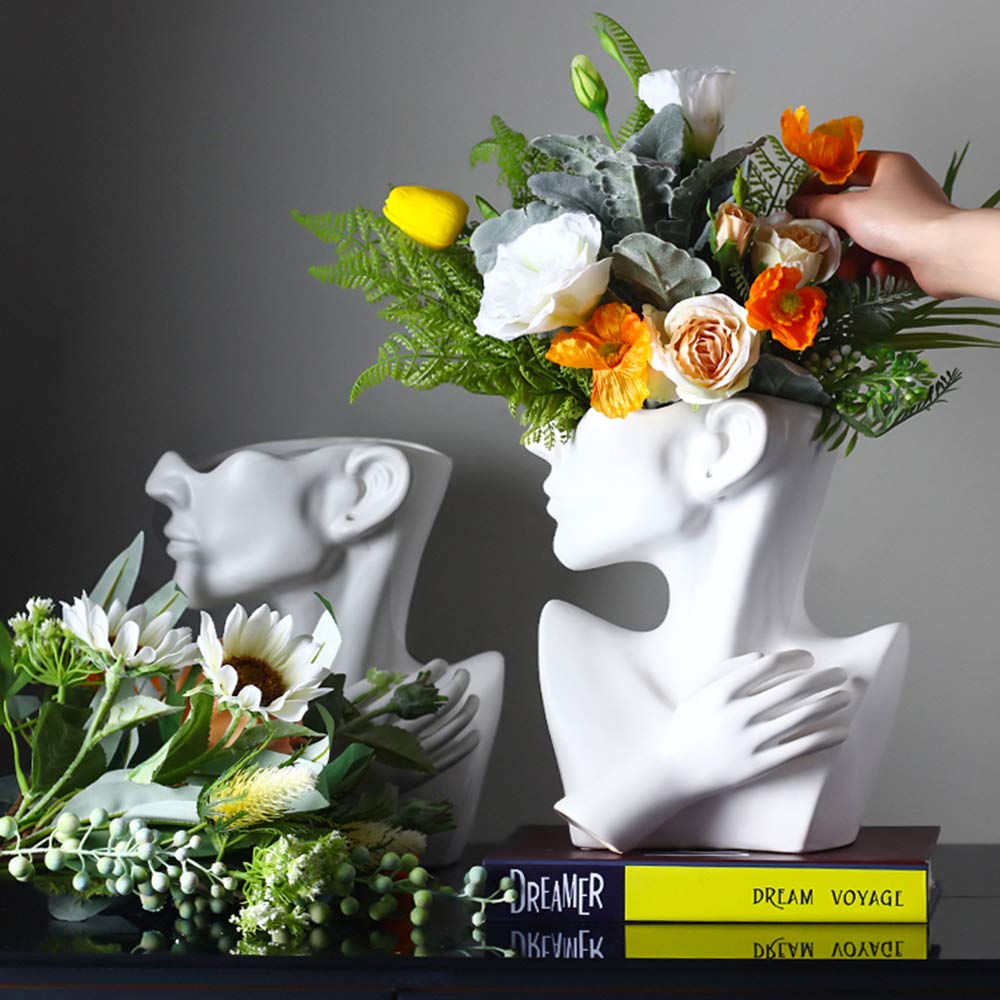 KatoonX Ceramic Head Face Flower Vase for Statue Home Decoration (Matte White)