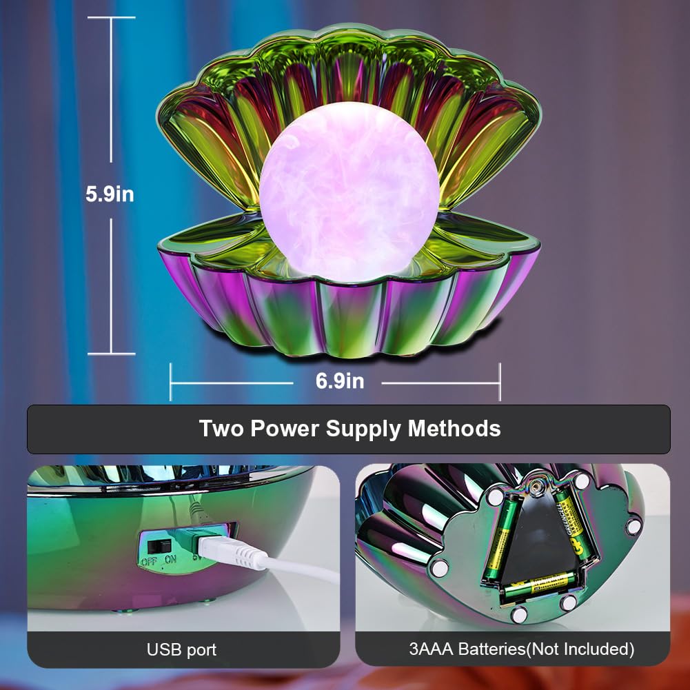 LKUA Shell Pearl Beach Themed Night Light, RGB 8 Colors Changing Mood Shell Pearl Lamps, Bedside LED Clamshell Portable Night Lights for Bar (Electroplating Colorful)