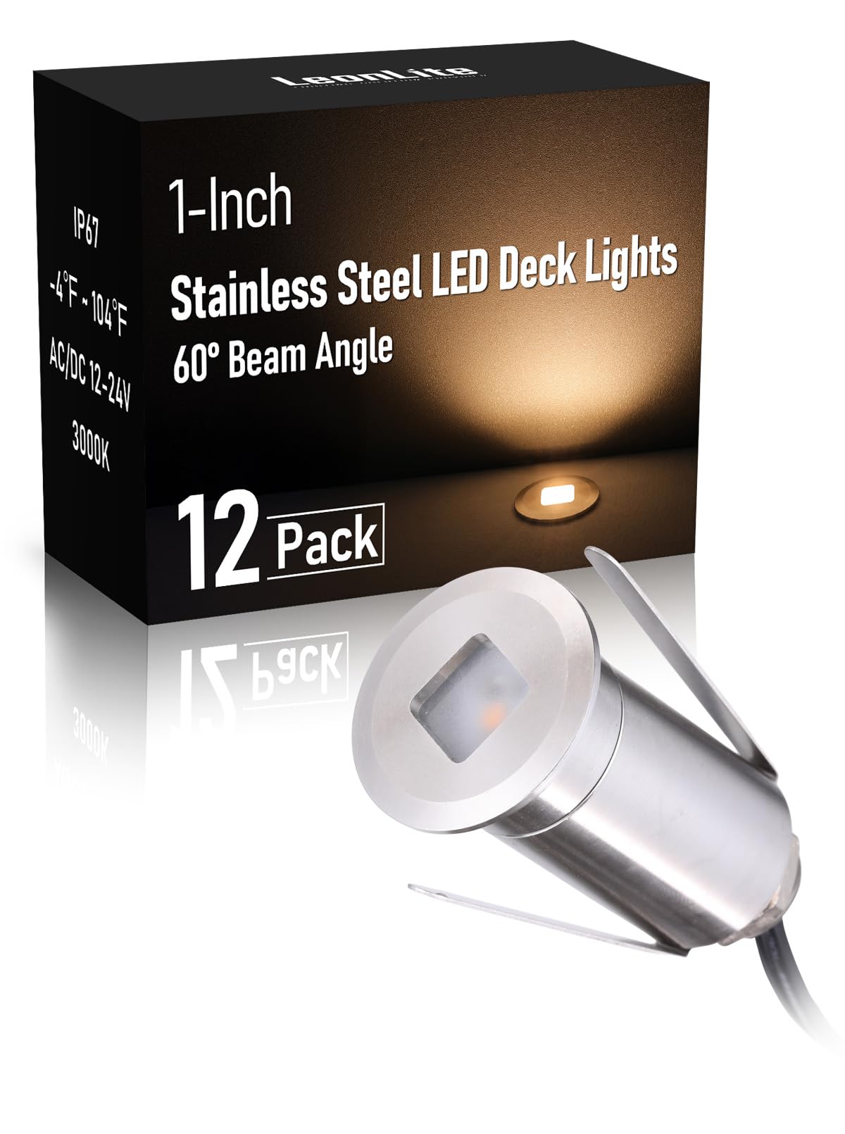 LEONLITE 12-Pack Recessed Low Voltage LED Deck Light with Flat Square Aperture, 1-Inch 12-24V AC/DC Landscape Step Stair Light, CRI90 IP67 Waterproof, Stainless Steel Housing, 3000K Warm White, Silver