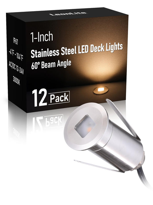 LEONLITE 12-Pack Recessed Low Voltage LED Deck Light with Flat Square Aperture, 1-Inch 12-24V AC/DC Landscape Step Stair Light, CRI90 IP67 Waterproof, Stainless Steel Housing, 3000K Warm White, Silver