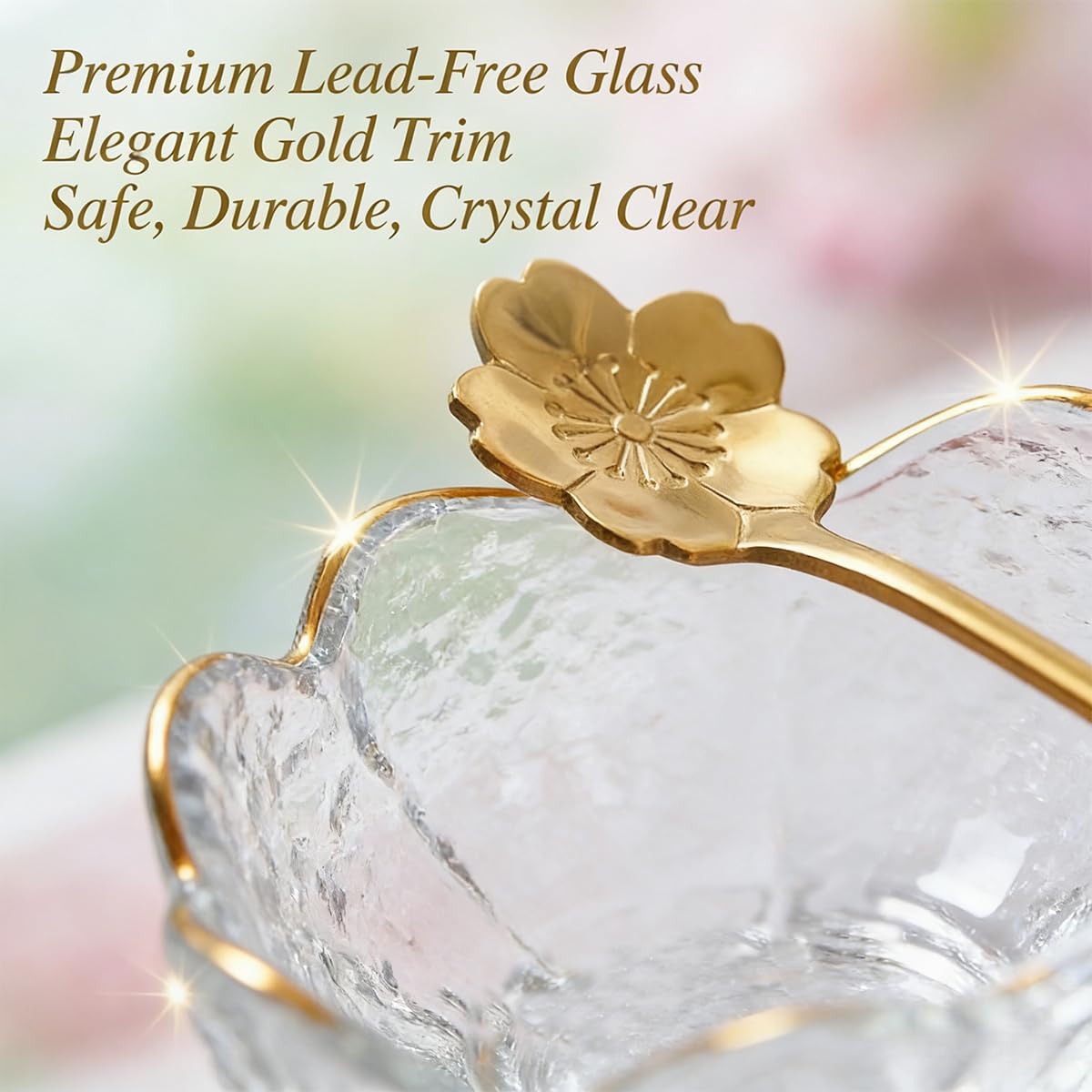 ZAJINJABD 3.3” Small Sakura Dipping Bowls Set with Gold Spoons，Clear Glass Sauce Dishes with Gold Trim for Soy Sauce, Sushi, Snacks, and Party Appetizers （2 Bowls+2 Spoons）