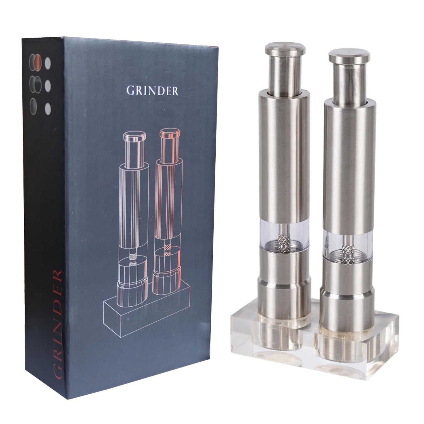 Stainless Steel Salt and Pepper Grinder Set, Manual Refillable Peppercorn Mills with Push Button, Thumb Grinder, Sliver White