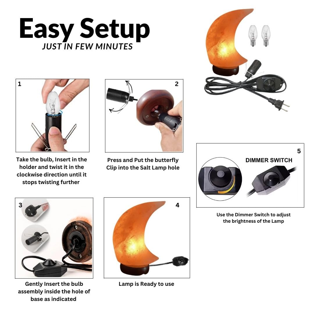 NatureBoost HL Himalayan Pink Salt Lamp Moon with Wooden Base. A dimmer Switch and a Pair of 15W Bulbs Included. Unique Gift Idea