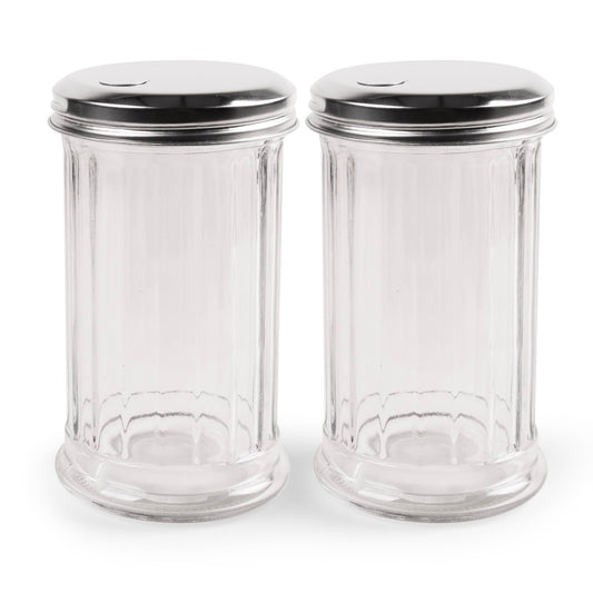 2 Pack Salt Sugar Shaker dispenser - Powder Sugar Dispenser Canisters - Glass Sugar Container with lid - Spice, Cinnamon, Baking Soda, Pourer Bottle Jar holder for Coffee Bar or Kitchen Countertop