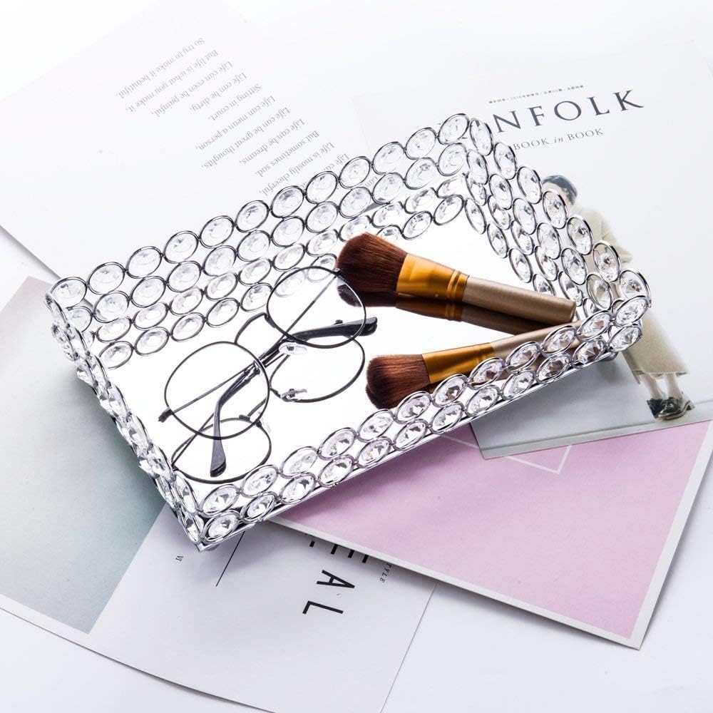 Feyarl Crystal Perfume Tray Cosmetic Makeup Vanity Tray Jewelry Trinket Rings Earrings Organizer Decorative Tray Storage for Home Deco Wedding Dresser Coffee Tabletop Girl Women Gift(10" x 6 "Silver)