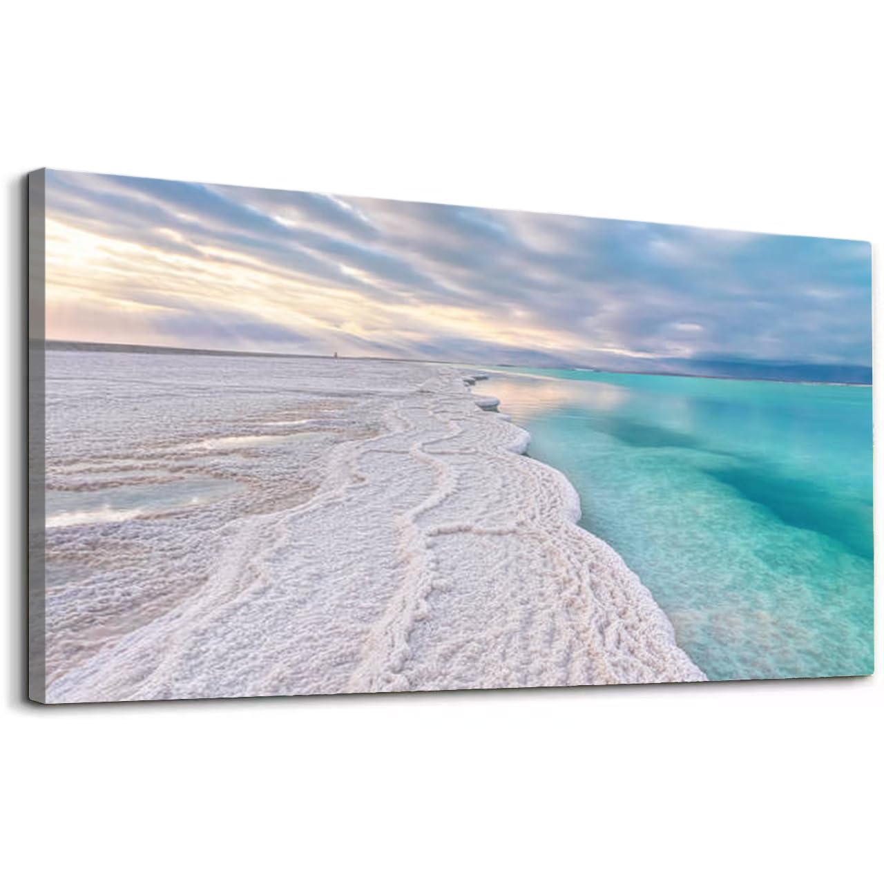 Wibinuki Canvas Wall Art Morning scenery white salt crystals beach clear wer near typical for Living Room Bedroom Bathroom Home Decor Ready to Hang 24"x12"