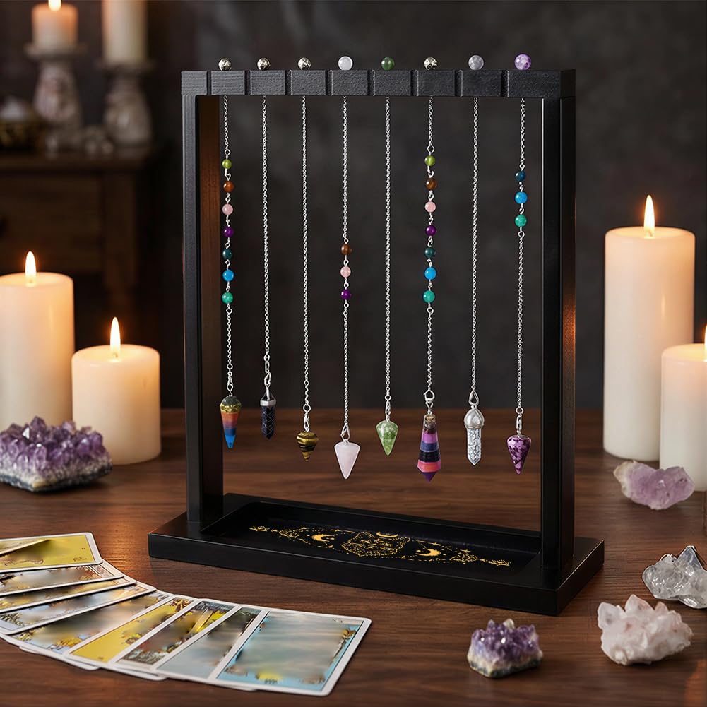 BEUNITONE Pendulum Crystal Holder, Cat Design Wooden Crystal & Jewelry Display Stand Divination Pendulum Storage Rack Tabletop Organiser for Necklaces, Stones and Home Decor