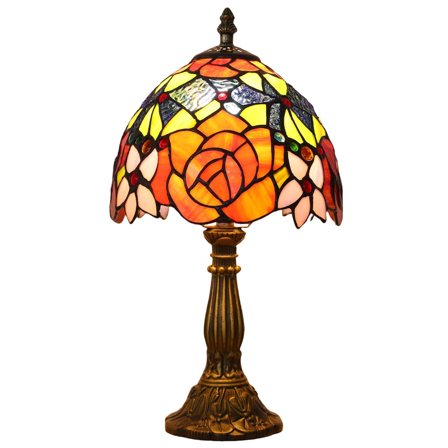 tuomoxte Tiffany Style Table Lamp 3 Color Temperatures Rose Flower Stained Glass Lamps Small Antique Bedside Nightstand Table Lamp for Bedroom Living Room Home Office, W/LED Bulb 8X8X15Inch