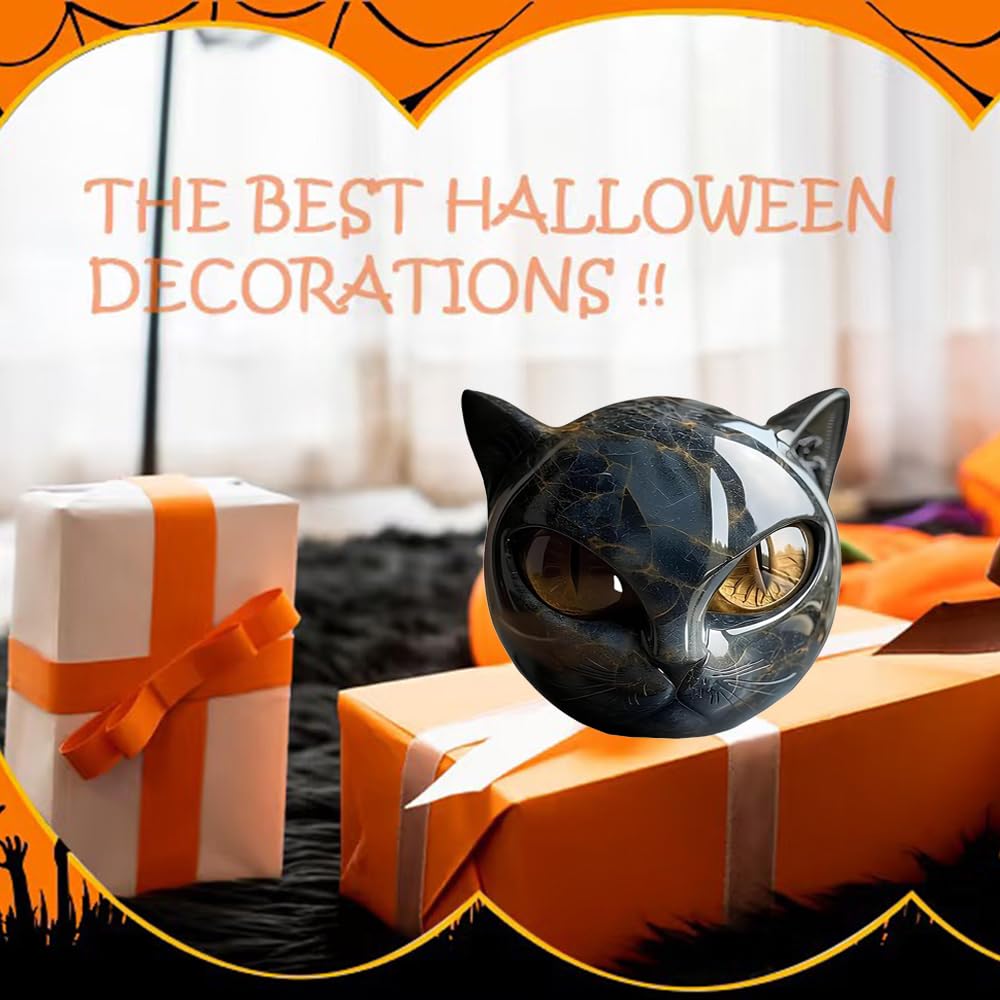 FACIOWN Black Cat Stone Sculpture,Figurine Handcrafted Look Resin Statue,with Amber Eyes, Elegant Shelf Decor for Home or Office (Yellow)