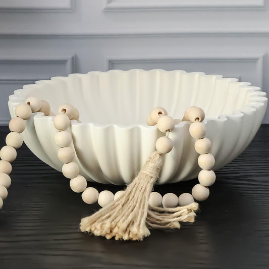 Iemegumi Decorative Bowl With Beads for Home Decor - Large Decorative Fruit Bowls for Candy - Scalloped Ruffle Centerpiece key Bowl - Morden Round 10" Aesthetic Coffee Entry Table Decor (White)