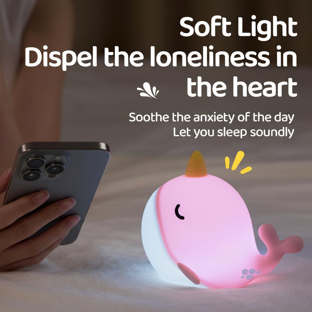 faralite Cute Whale Night Lights, Soft Narwhal Silicone LED Night Lamp, Rechargeable Nursery Lamp with 3-Level Dimmable, 30mins Auto-Off, Lovely Room Decor for Bedside, Bedroom(White Light)