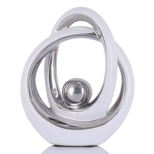 DOVDOV White and Silver Ceramic Abstract Sculpture, Modern Tabletop Statue for Living Room Decor, Decorative Accent for Coffee Table, TV Stand, Mantel, Entryway Console