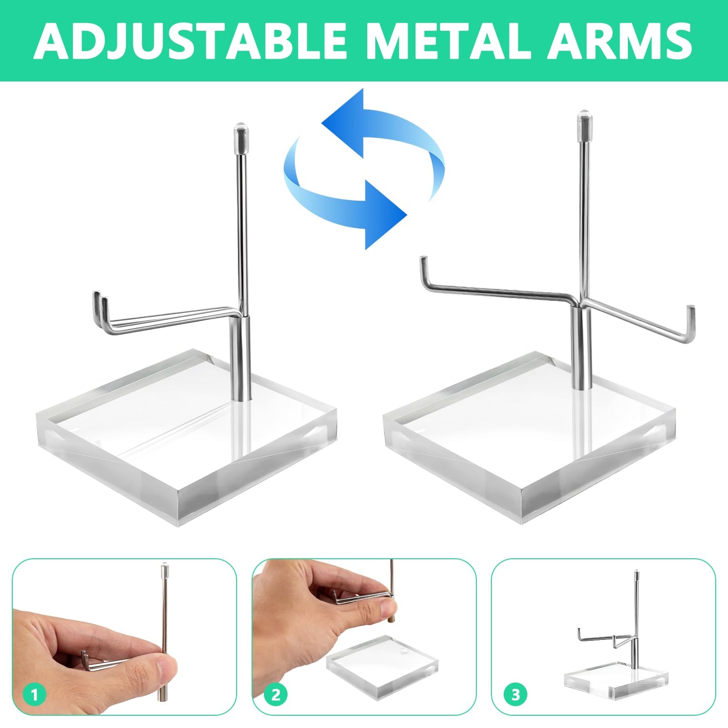 KoMvzyl 6 Pcs Rock Display Stand with Acrylic Base, Adjustable Metal Arm Crystal Display Stand, Silver Small Holder for Gemstones, Fossils, Crystal, Minerals, Agate(2.4 X 2.4 X 4.1 Inches)