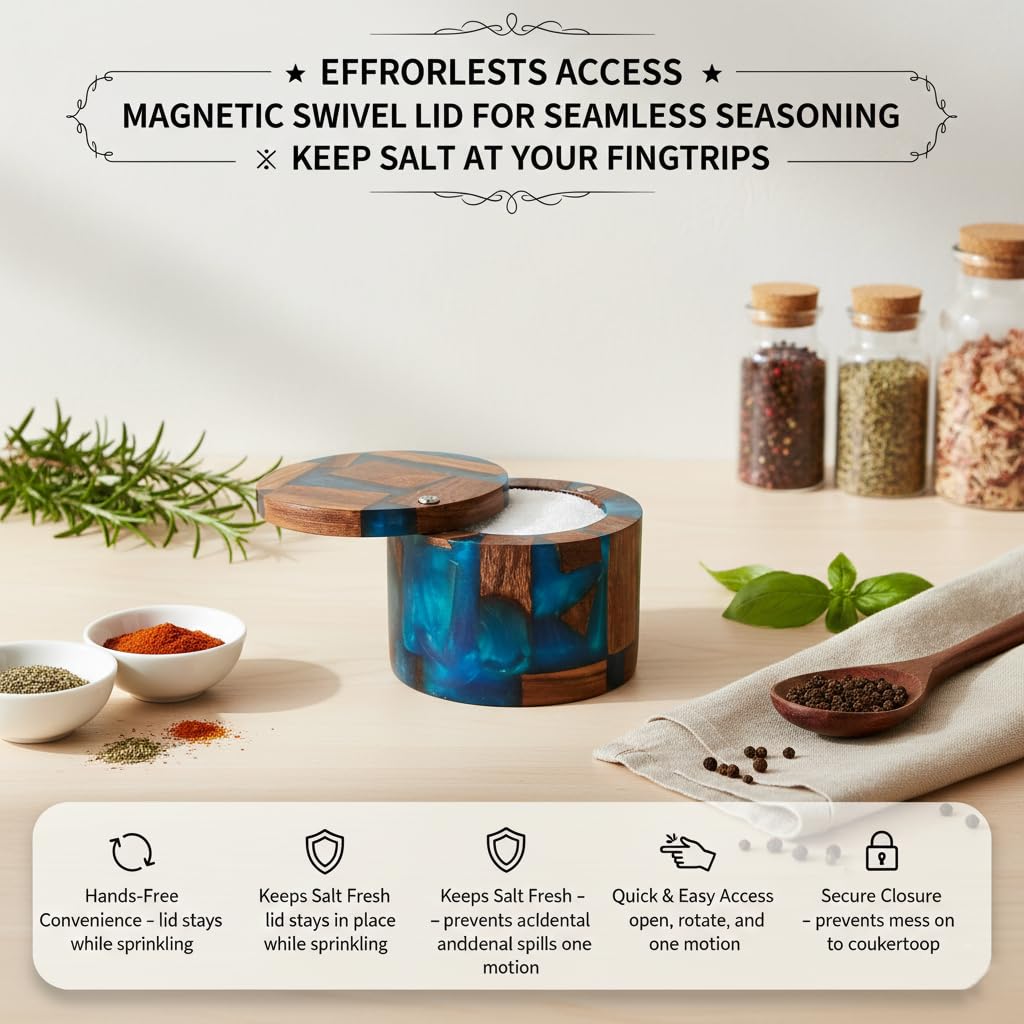Resin Wooden Salt Box with Magnetic Swivel Lid - Handcrafted Namakdani - Rosewood Container for Celtic Salt, Spice, Pepper, Salt Herbs - Kitchen Accessory for Decorative Countertop(Blue Resin)