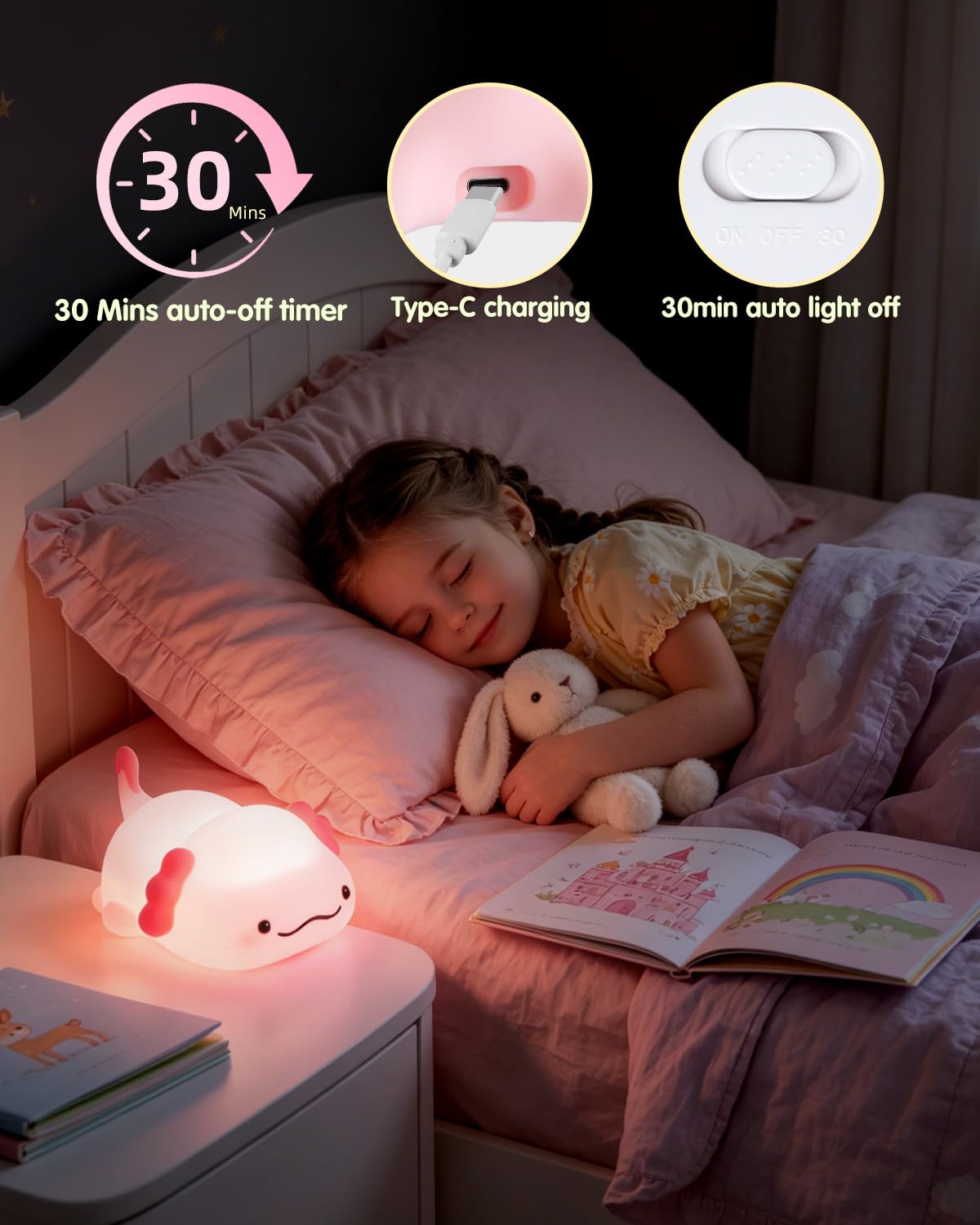 Fuloon Pink Axolotl Night Light, Squishy Silicone Kids Lamp, Safe & Soothing Touch Control for Kids and Babies, USB-C Rechargeable, 30-Min Auto Timer, Gift Idea (Pink Axolotl)