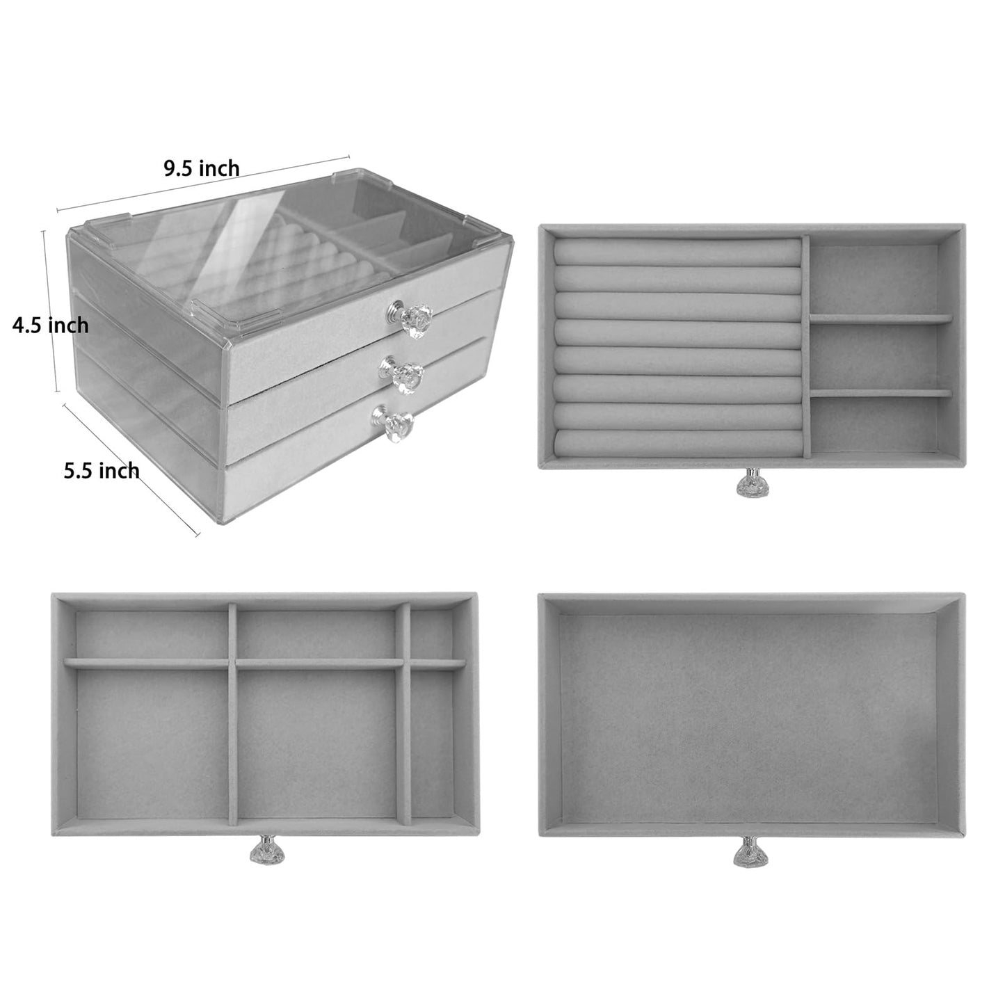 Jemjosh Clear Acrylic Velvet Jewelry Organizer with 3 Drawers, Stackable Display Storage Earrings Necklace Rings Bracelets Box Holder Case for Women, Grey