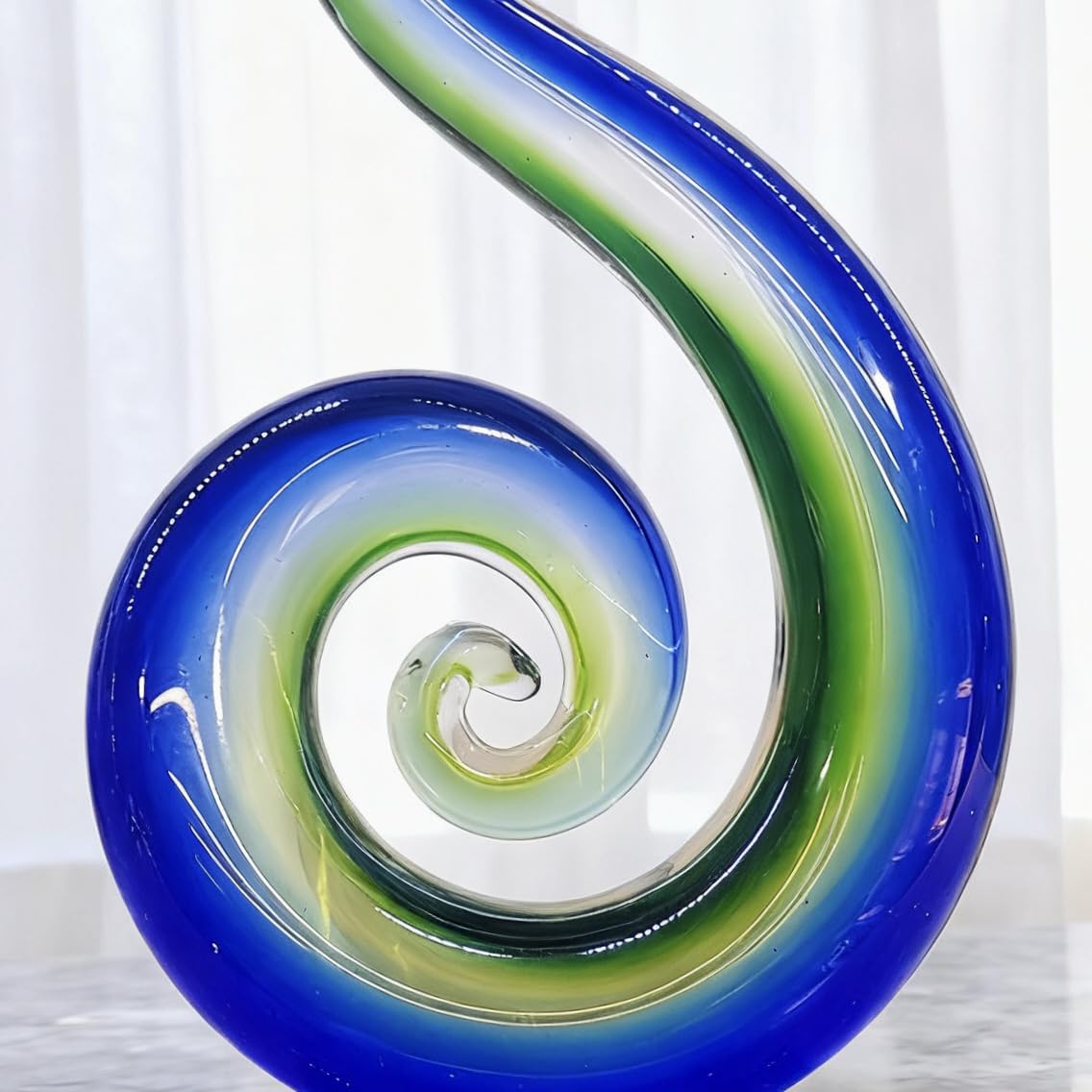 WINGSIGHT Handmade Blown Glass Sculpture, Abstract Spiral Design, Blue and Green Art Ornament with Clear Base, European Style Tabletop Decor