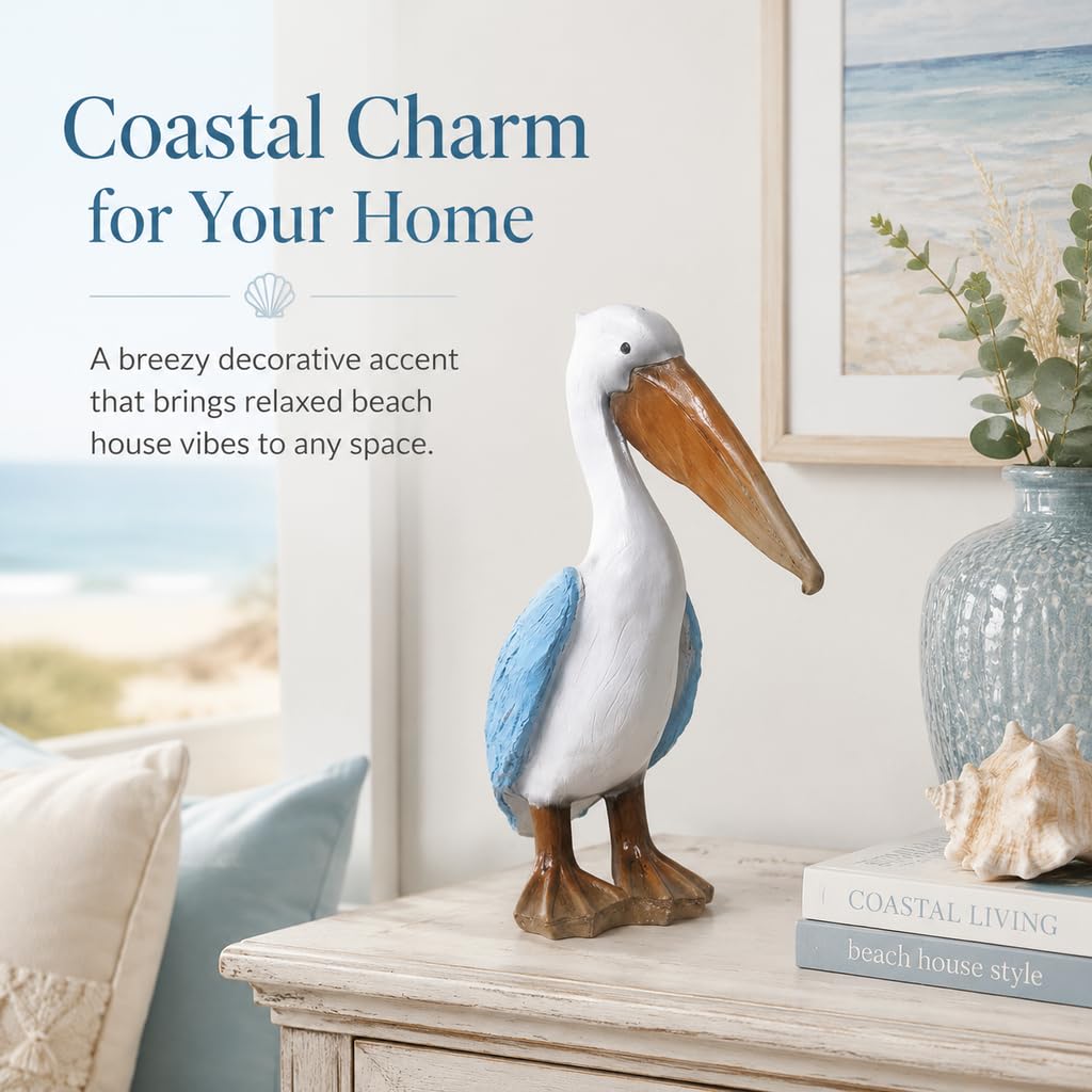 Delicate Moment Coastal Pelican Decor Figurine, Resin Nautical Beach Bird Statue, Ocean Style Home Ornament for Shelf Desktop Mantel Decoration Gifts