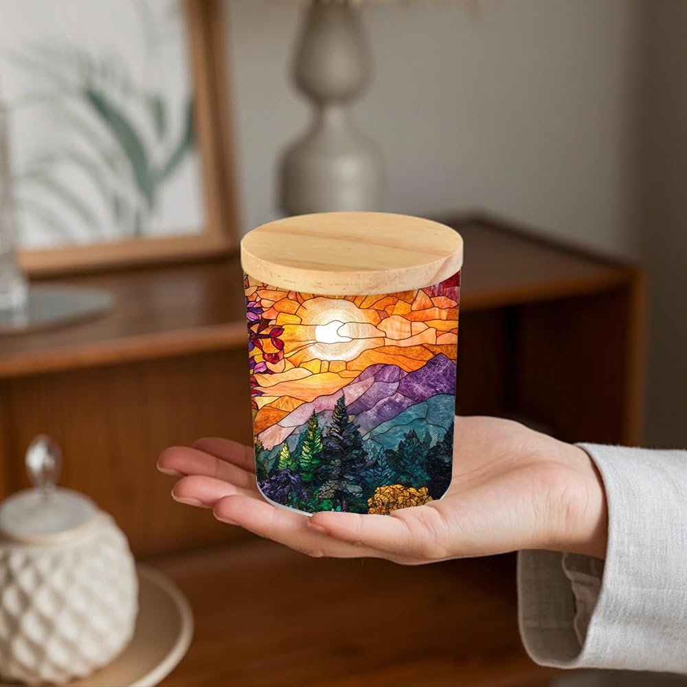 Stained Glass Tree of Life Tea Light Candle Holder with Bamboo Lid, Tree of Life Decorations Light Glass Tealight Holder, LED Candle Tealight Jar for Birthday,Wedding,Home Decor
