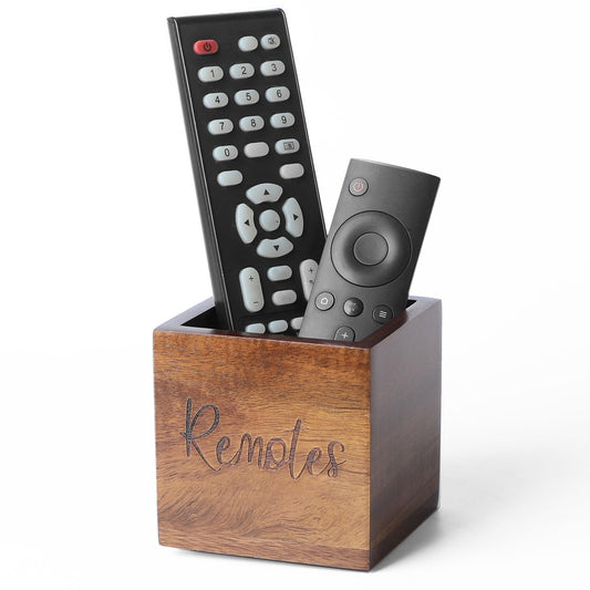 LBEMEY Acacia Wood TV Remote Holder, Caddy and Organizer for Table, Vintage Farmhouse Desk Caddy (Brown for 2 or 3 Remote Controls)