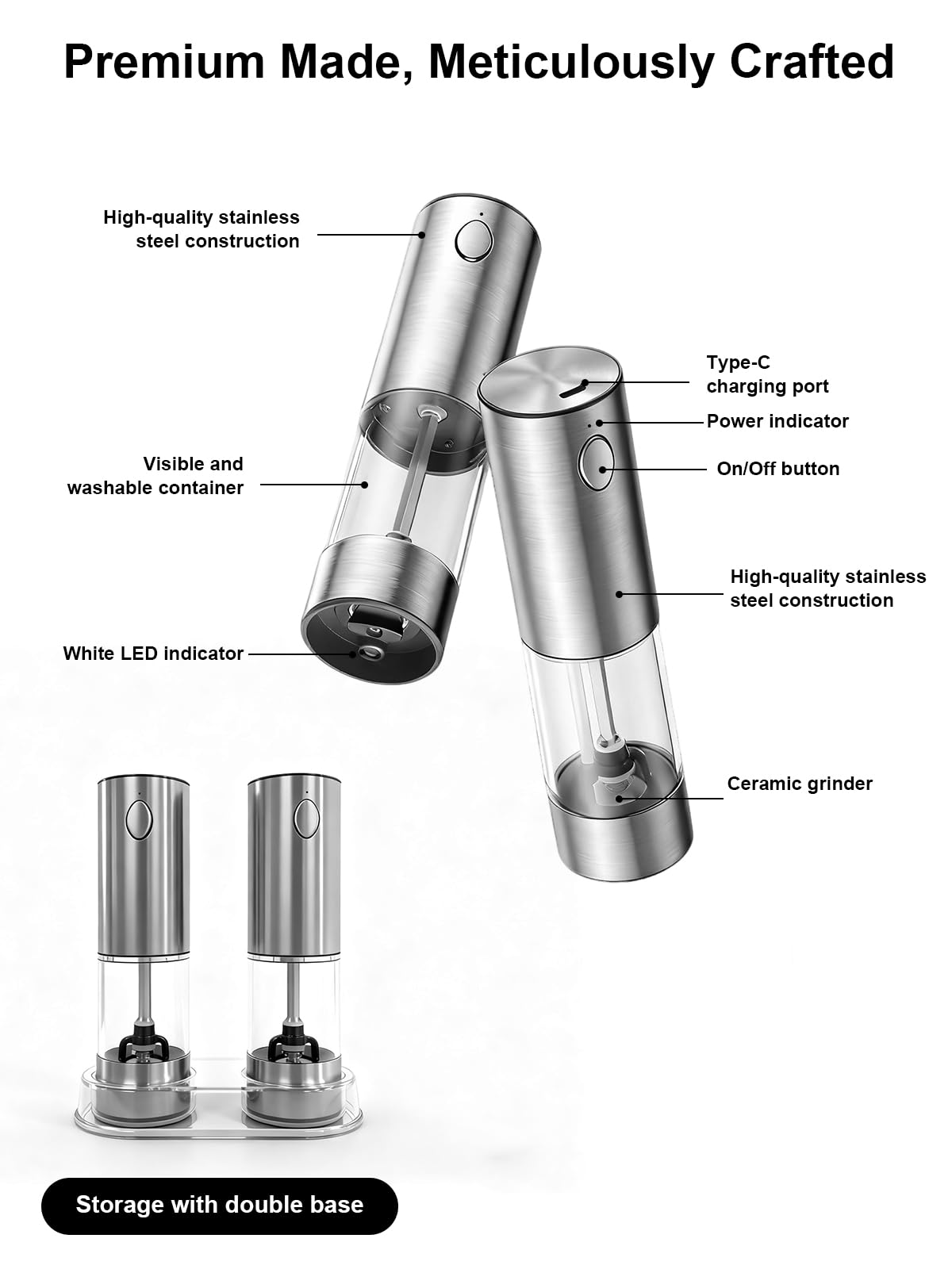 Electric Salt and Pepper Grinder Set, Rechargeable Salt and Pepper Shakers Stainless Steel with Type-C charging cable, Adjustable Coarseness, Easy Filling Larger Capacity with Led for Home Kitchen